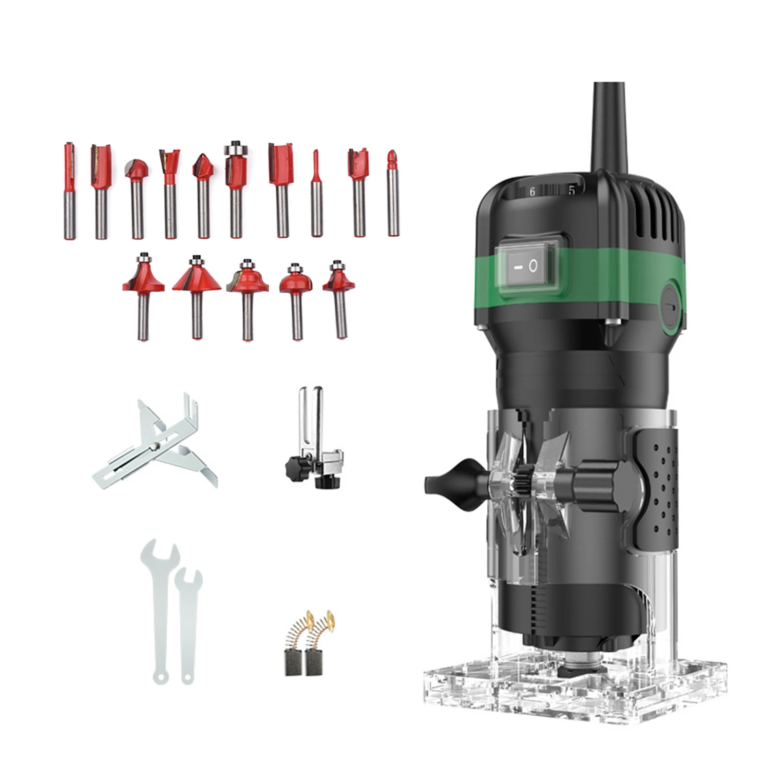 800W Compact Palm Wood Router Tool - Electric Hand Trimmer with 15Pcs 1/4in Router Bits for Woodworking Cutting
