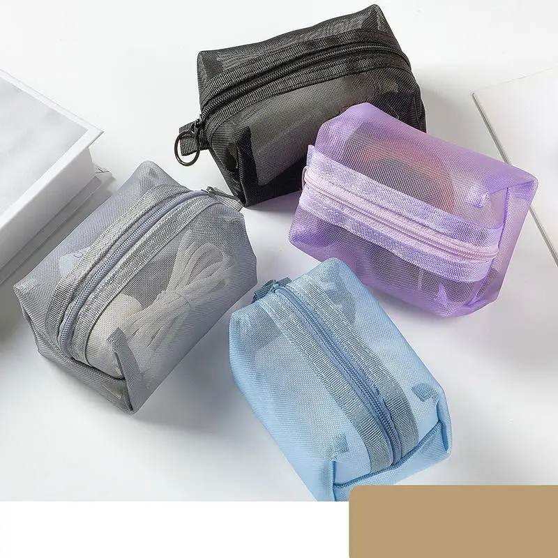 Mini Clear ไนลอนตาข่ายกระเป๋าเครื่องสําอางผู้หญิงน่ารักลิปสติกขนาดเล็กแต่งหน้ากระเป๋ากระเป๋า Data Line Key หูฟัง Organizer Case