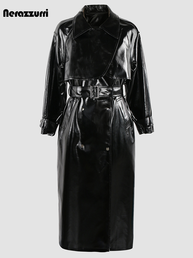 Nerazzurri ชุดโอเวอร์โค้ทสำหรับผู้หญิงหนังสังเคราะห์สิทธิบัตรสะท้อนแสงแข็งสีชมพูสดใสเสื้อฝนยาวหรูหราฤดูใบไม้ร่วงฤดูหนาว