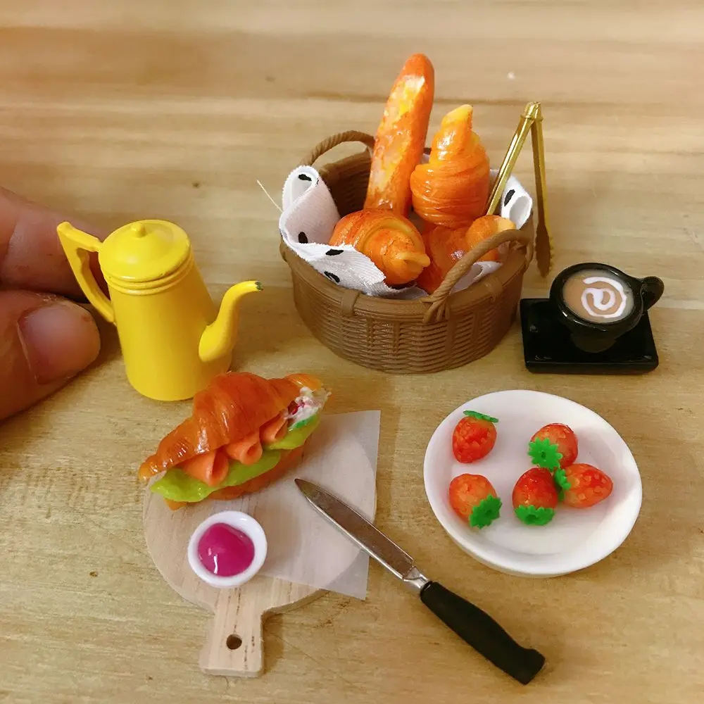 Casa de muñecas a escala 1/6, Baguette de pan en miniatura, Mini Croissant, café, comida de imitación para casa de muñecas, cocina, juguetes, accesorios