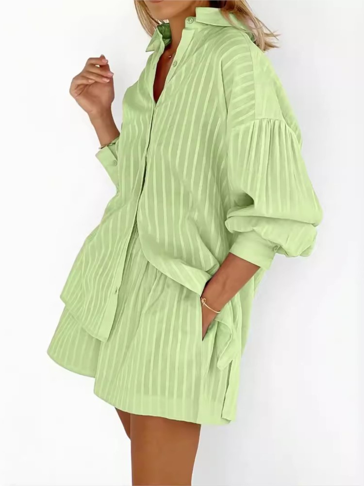 Conjunto de dos piezas corto de algodón liso para mujer, camisas de manga larga a rayas, pantalones cortos, traje de mujer de estilo Simple, primavera y verano 2024