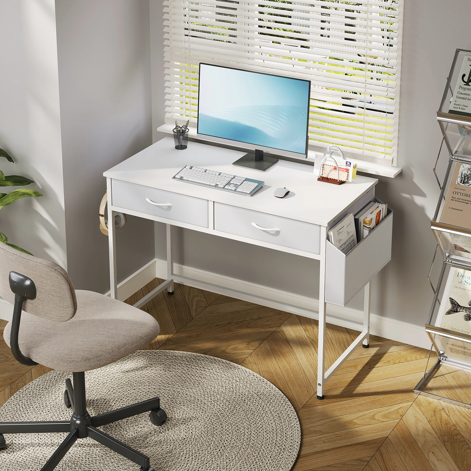 Tavolo da ufficio Tavolo per computer con supporto per cuffie Spazio di archiviazione Scrivania in piedi Gioco di apprendimento Scrivania da ufficio per l'arredamento della camera da letto dello studio