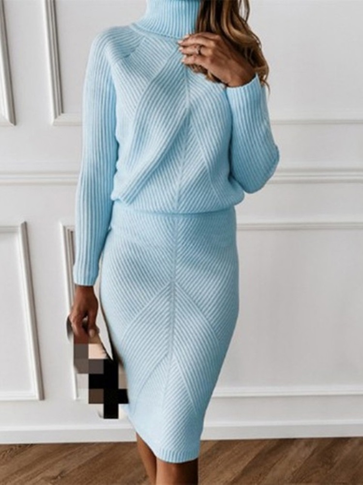 TYHUR-traje de punto para mujer, jersey de Color sólido con cuello alto, suéter + falda delgada, conjunto de dos piezas, otoño
