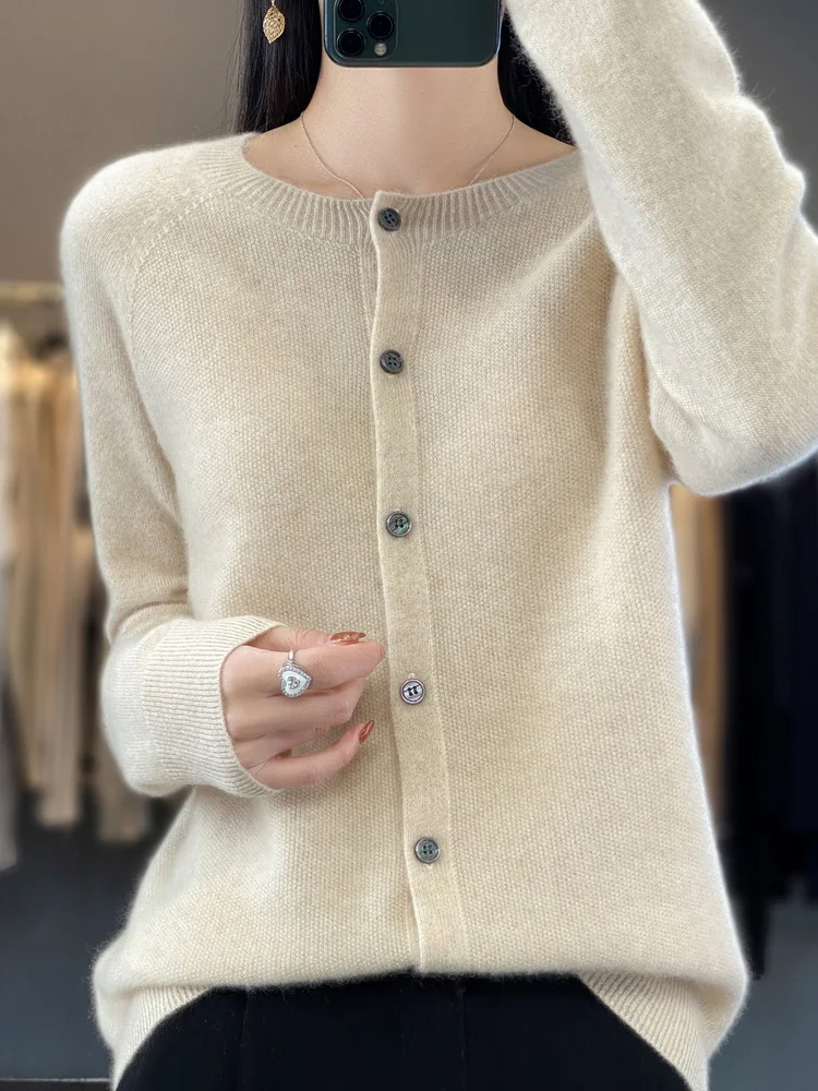 Cárdigans de lana merina de 100% para mujer, prendas de punto de manga larga con cuello redondo para otoño e invierno, ropa básica para mujer, Tops