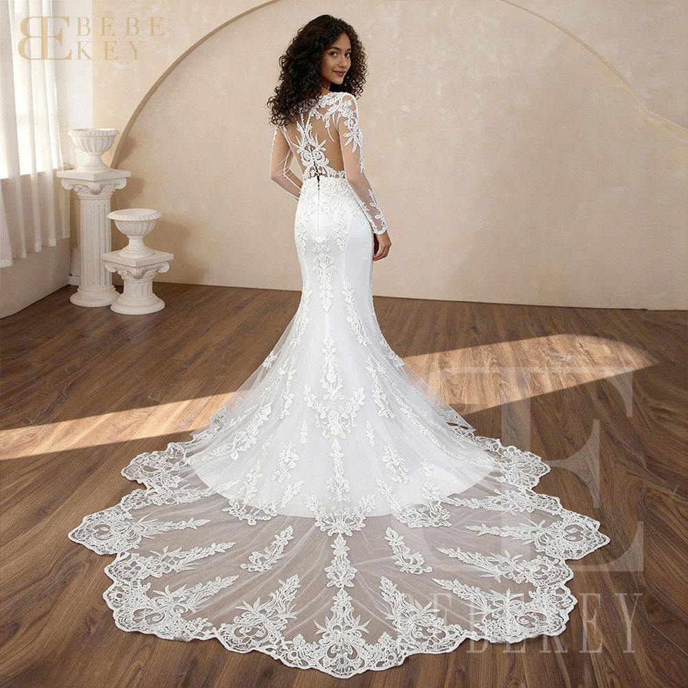 BEBEKEY Langarm-Hochzeitskleid aus Spitze für Damen, U-Ausschnitt, Brautkleider mit Kapellenschleppe, Meerjungfrau-Hochzeitskleid