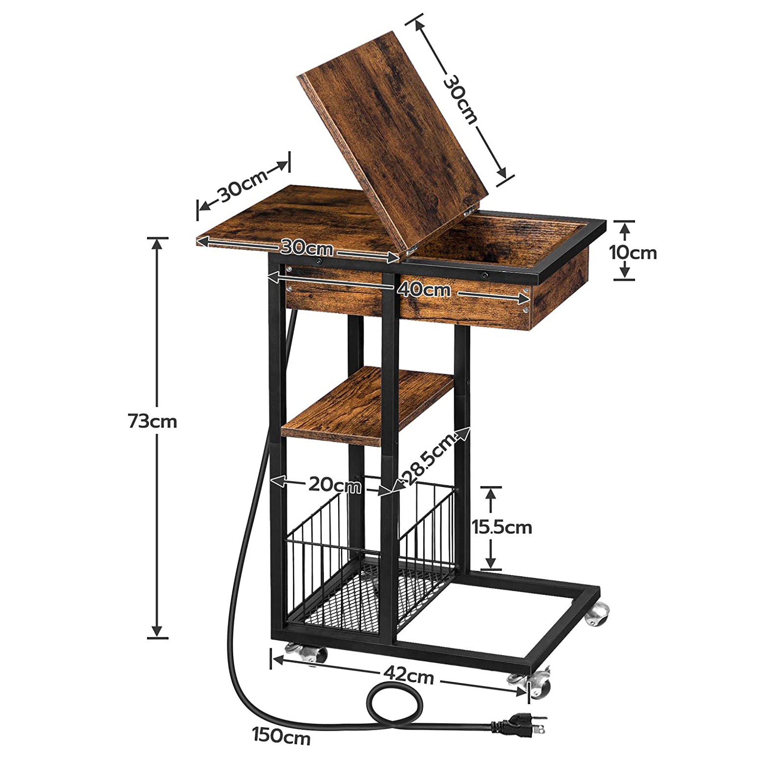 HOOBRO Table d'appoint avec station de charge Table de canapé rabattable en forme de C Table basse avec roulettes et étagère Ports USB et prises chambre