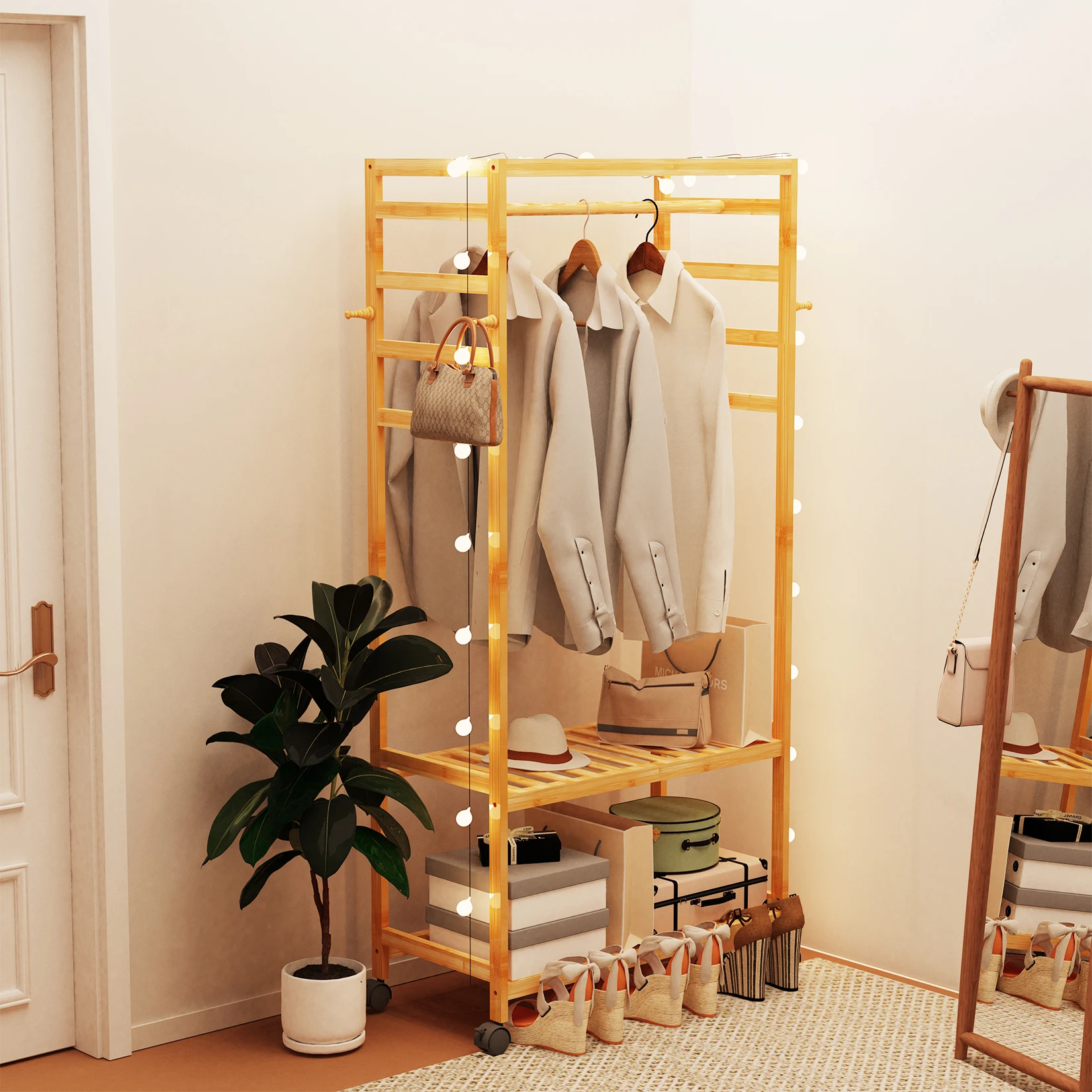 Rolling Clothes Rack Bamboo Open Wardrobe Coat and Shoe Rack with 1 Bar and 4 Hooks