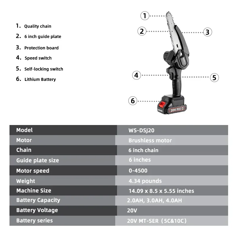 WOSAI 20V MT-Series 6 Inch Không Chổi Than Cưa Xích Không Dây Cầm Tay Mini Cắt Tỉa Thấy Di Động Bào Gỗ Điện Nhìn Thấy dụng Cụ Cắt