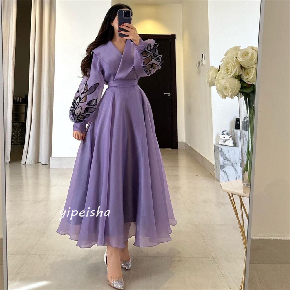 Maßgeschneiderte Jersey-Applikation, gerüscht, für Hochzeit, Party, A-Linie, V-Ausschnitt, maßgeschneidertes Anlasskleid, Midi-Kleider, Saudi-Arabien-Abend