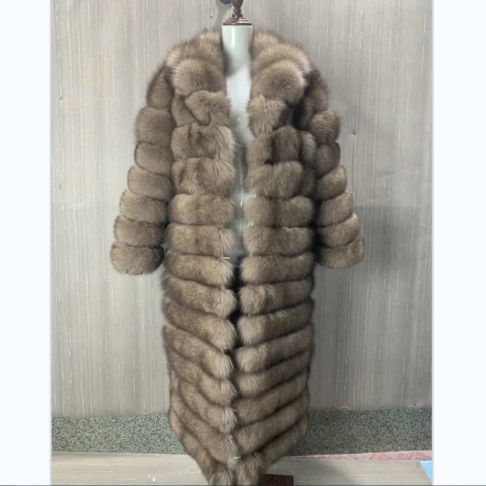 Abnehmbarer Pelzmantel aus echtem Fuchs, langer Pelzmantel, großes Revers, abnehmbare Ärmel, 3 in 1, warm im Winter