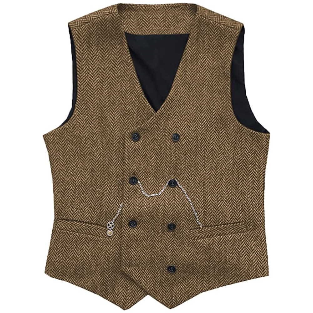 Coletes de terno masculino com decote em v, lã espinha de peixe, tweed, colete duplo breasted, smoking, padrinhos para casamento