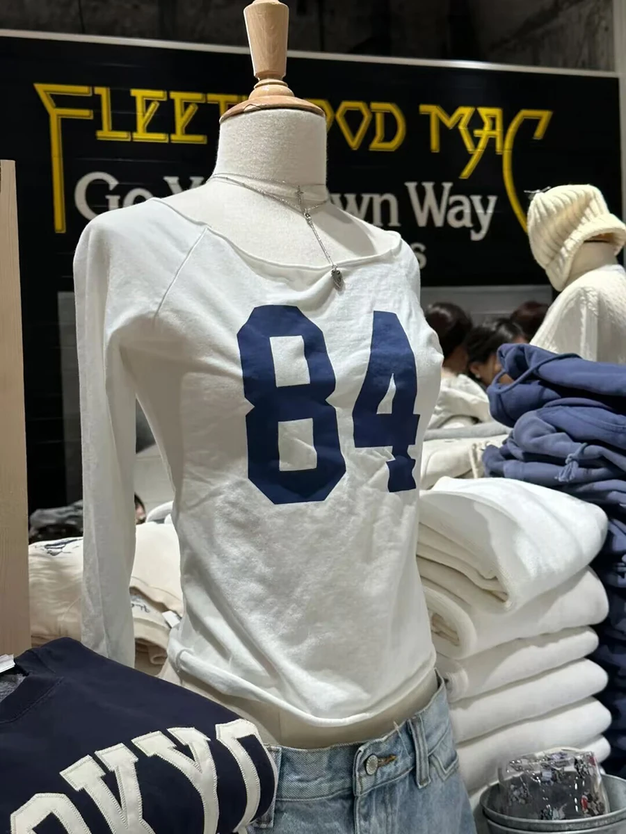 84 プリント生裾長袖 Tシャツ女性スクープネックスリムコットン Tシャツトップカジュアルヴィンテージ甘いかわいいストリート Y2k クロップトップス