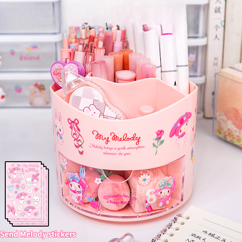 Вращающийся держатель для ручек Miniso Sanrio, ящик для хранения, настольный органайзер и наклейки Kawaii Sanrio Cinnamoroll, милые канцелярские принадлежности для девочек