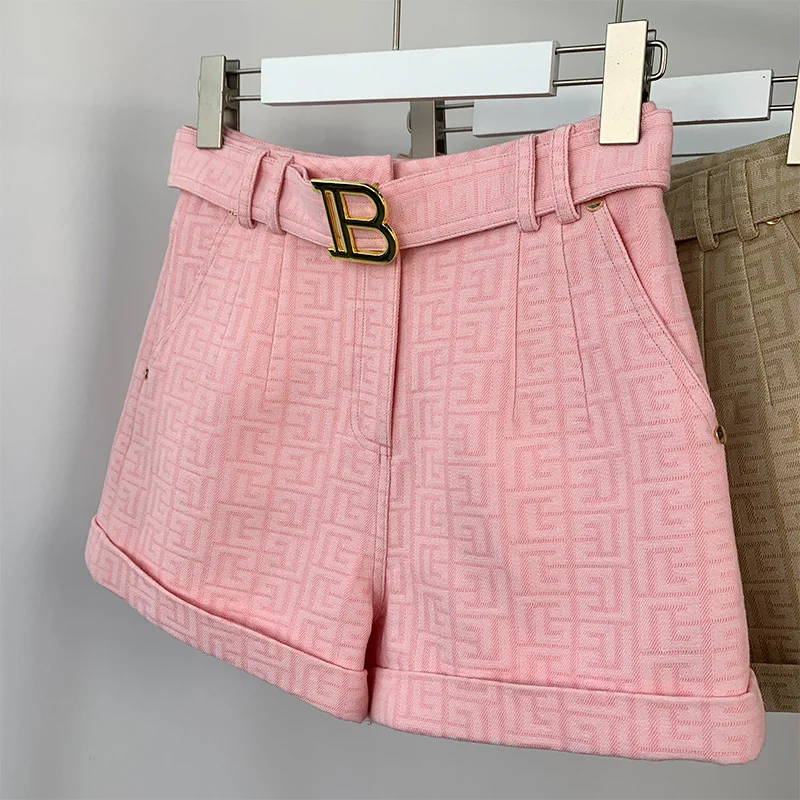 6 colores para elegir Pantalones cortos de mezclilla lavados con textura rosa para mujer con cinturón Pantalones vaqueros de calidad de estilo casual