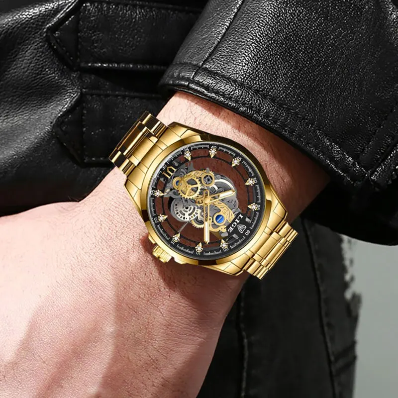 LIGE nowy męski zegarek szkieletowy zegarek kwarcowy złoty szkielet retro męski zegarek Top marka luksusowy zegar męskie zegarki Reloj Hombre