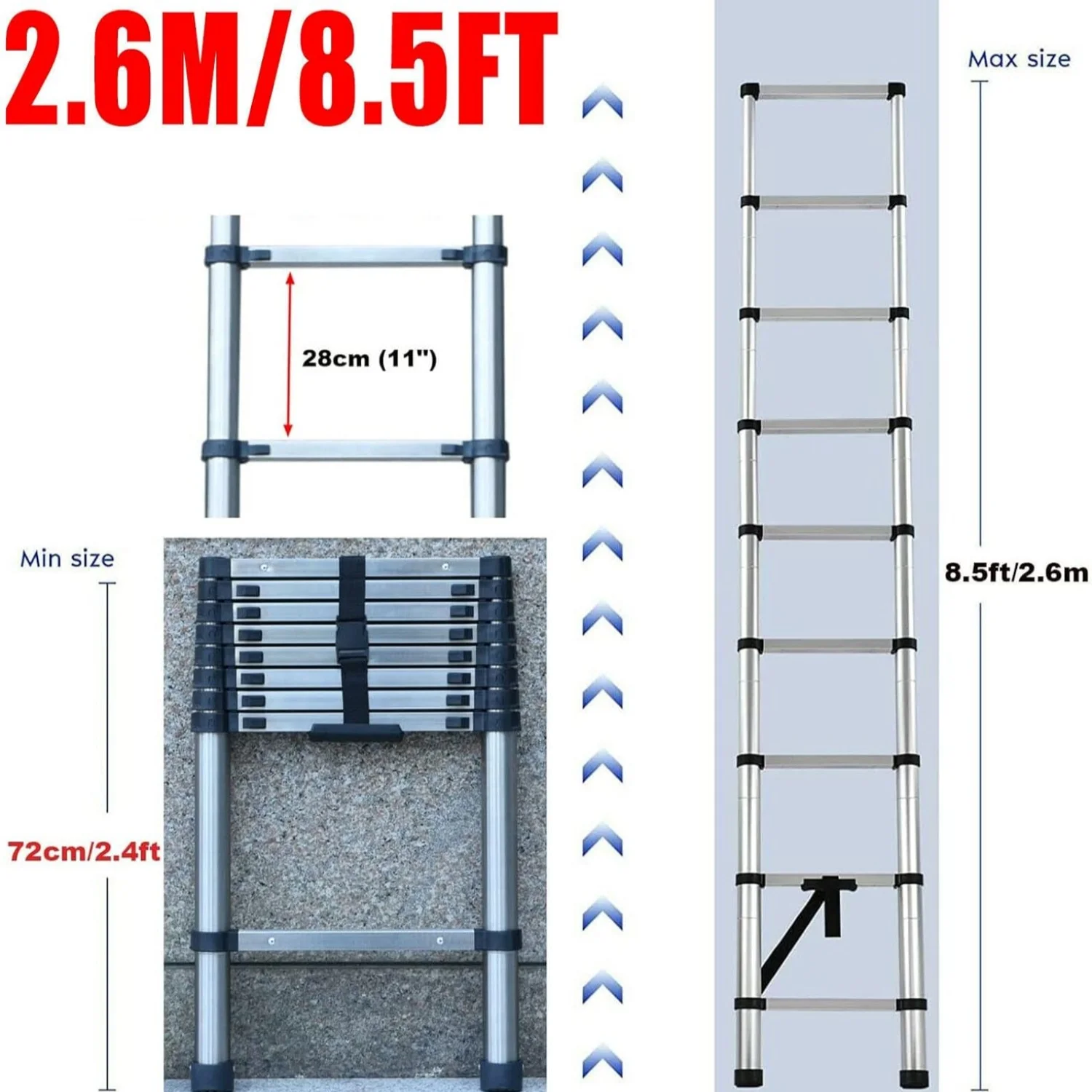 Extension Ladder 2.6M Portable Folding Ladder Non-Slip Extension Ladder Multi-Purpose Extension Ladder
