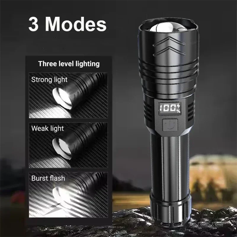 Leistungsstarke LED-Taschenlampe, wiederaufladbare USB-Taschenlampe, superhelles Handlicht, Notfall, Camping, multifunktionale Laterne, Angellicht