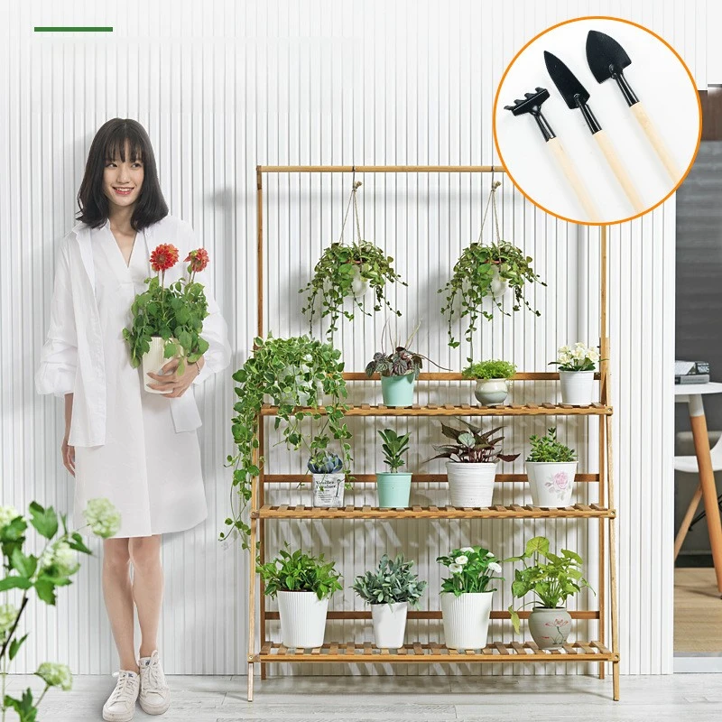 Foldable Wooden Hanging Planter, Thickened Balcony Plant Stand, Vertical Multi-Tier Shelf, Mobile Indoor Flower Pot Organizer
