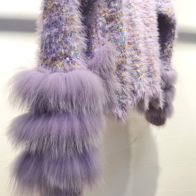 2024 新フォックスファートリムカーディガン長袖秋のファッションショートセーター女性紫カーディガン