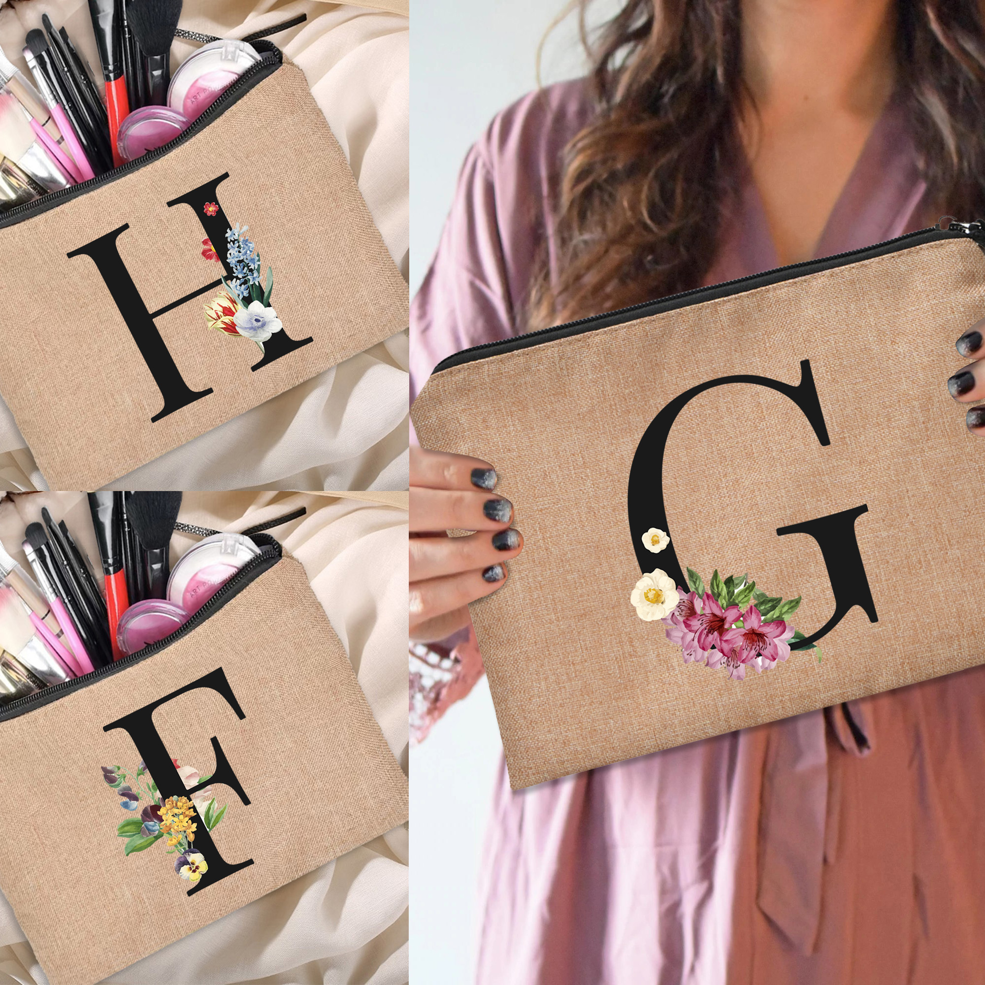 Bolsa con cremallera de lino con estampado de letras florales para Mujer, estuche organizador de viaje, Bolsa de cosméticos para Mujer, bolsa de maquillaje, Bolsas de maquillaje para dama de honor