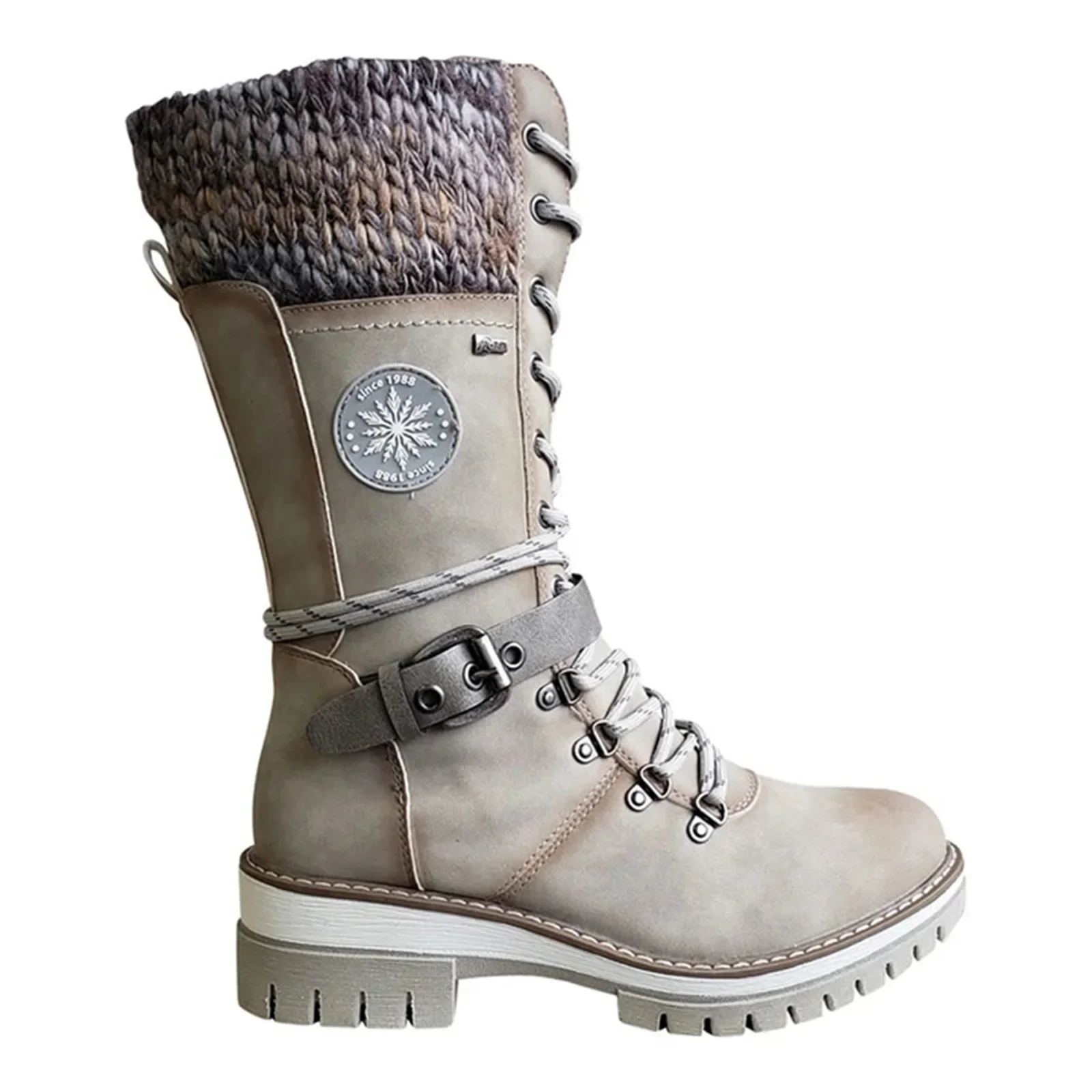 Botas De media caña con hebilla De encaje para Mujer, botines cálidos De tacón bajo con punta redonda, De alta calidad, invierno, 2023