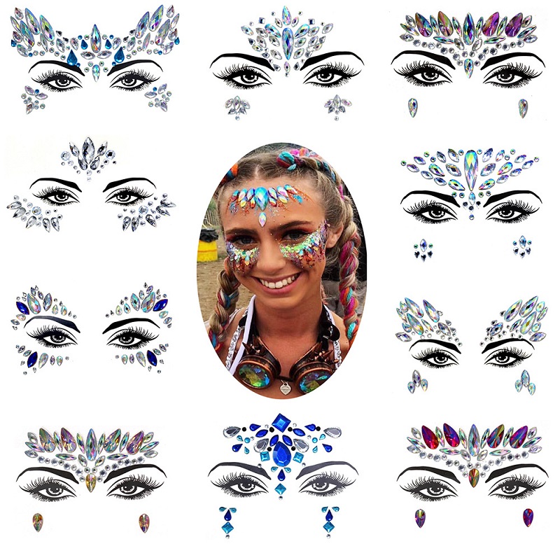 3D Rhinestone Bright Face สติกเกอร์สําหรับเทศกาล Glitter แต่งหน้าเครื่องประดับสติกเกอร์บนใบหน้าคริสตัลอัญมณีอัญมณีเพชรตกแต่ง
