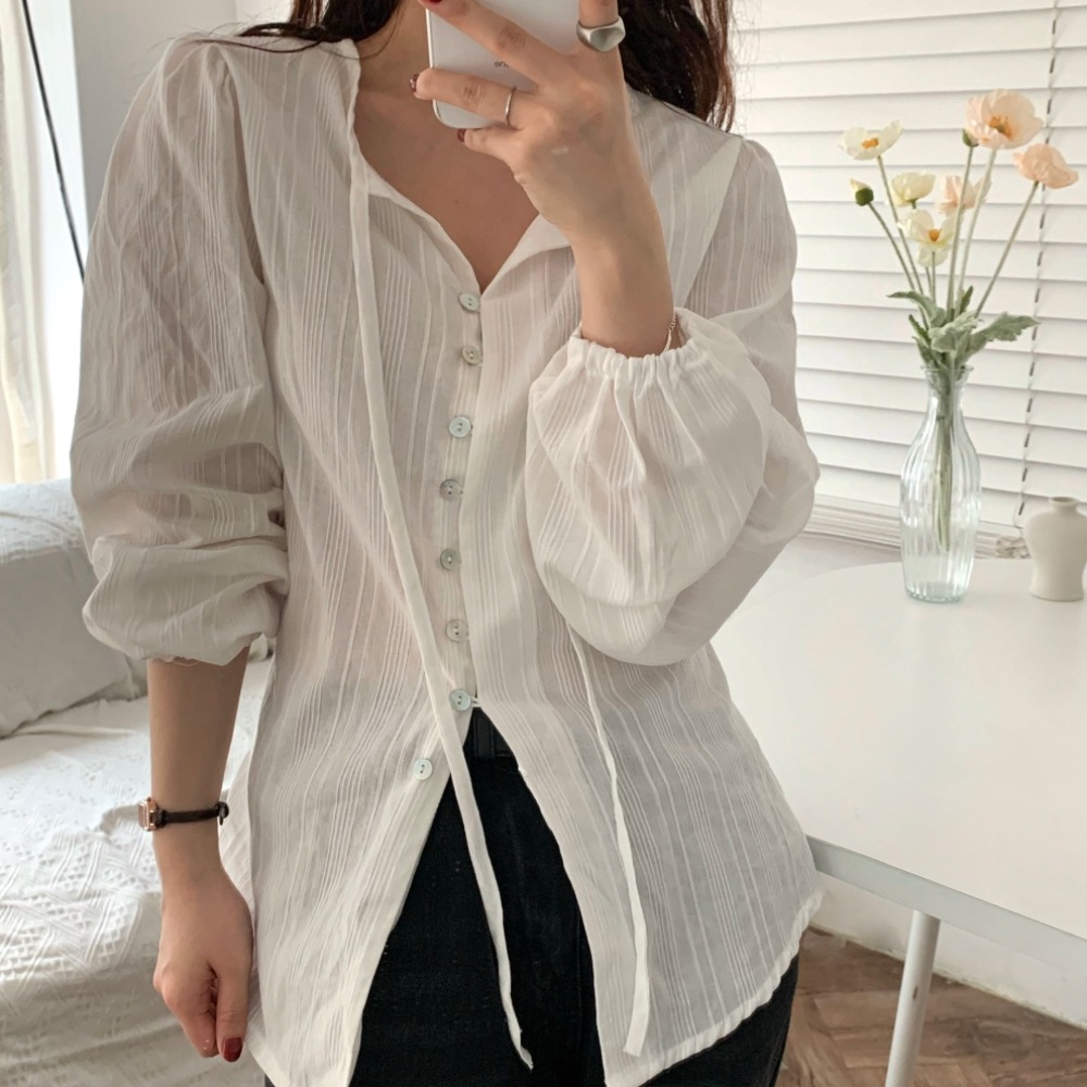 「MD」Elegant Long Sleeve Shirt Women's Spring Autumn Casual White Bubble Sleeve Top with Belt Design Loose Fit Ladies Fashion