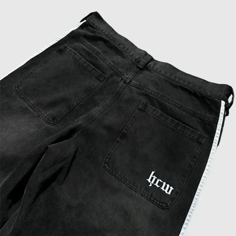 Y2K 헐렁한 청바지 하라주쿠 수 놓은 줄무늬 고품질 빈티지 streetwear 남성 여성 캐주얼 와이드 레그 데님 바지 스웨트 팬츠