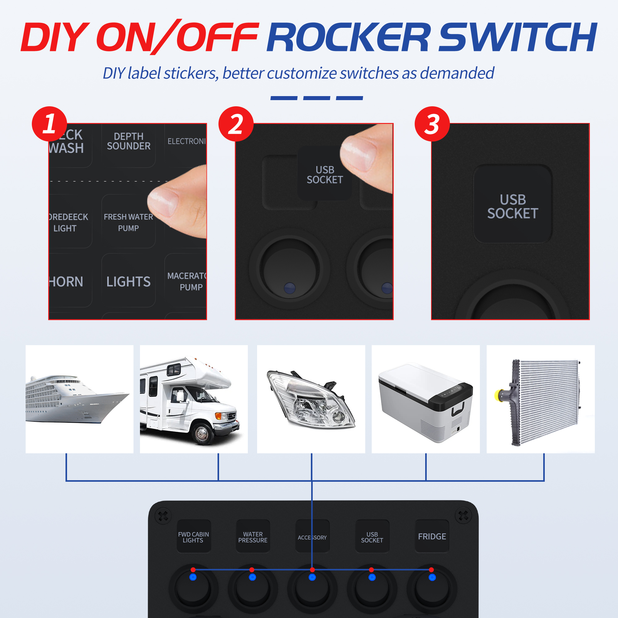 DaierTek-Painel impermeável do interruptor do carro, 5 Gang, Barco, 2.4A, Dual USB Port, 12V Tomada, Voltímetro Digital, LED azul para Auto