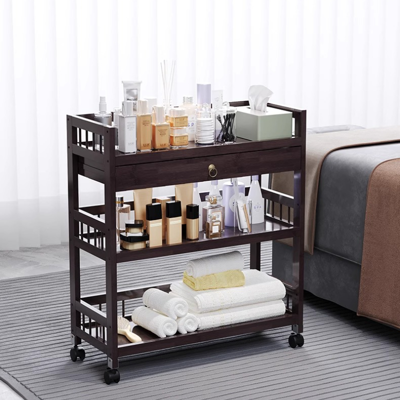 Bamboo Beauty Salon Rolling Cart Mobile Nail Hair Styling Tool Organizer for Spa Barber Shop Storage Trolley Home Storage Rack