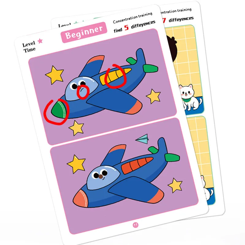 Encuentra diferencias Juego de cartas Rompecabezas educativo de dibujos animados reutilizable para niños Tres niveles de dificultad para entrenamiento de atención de enfoque