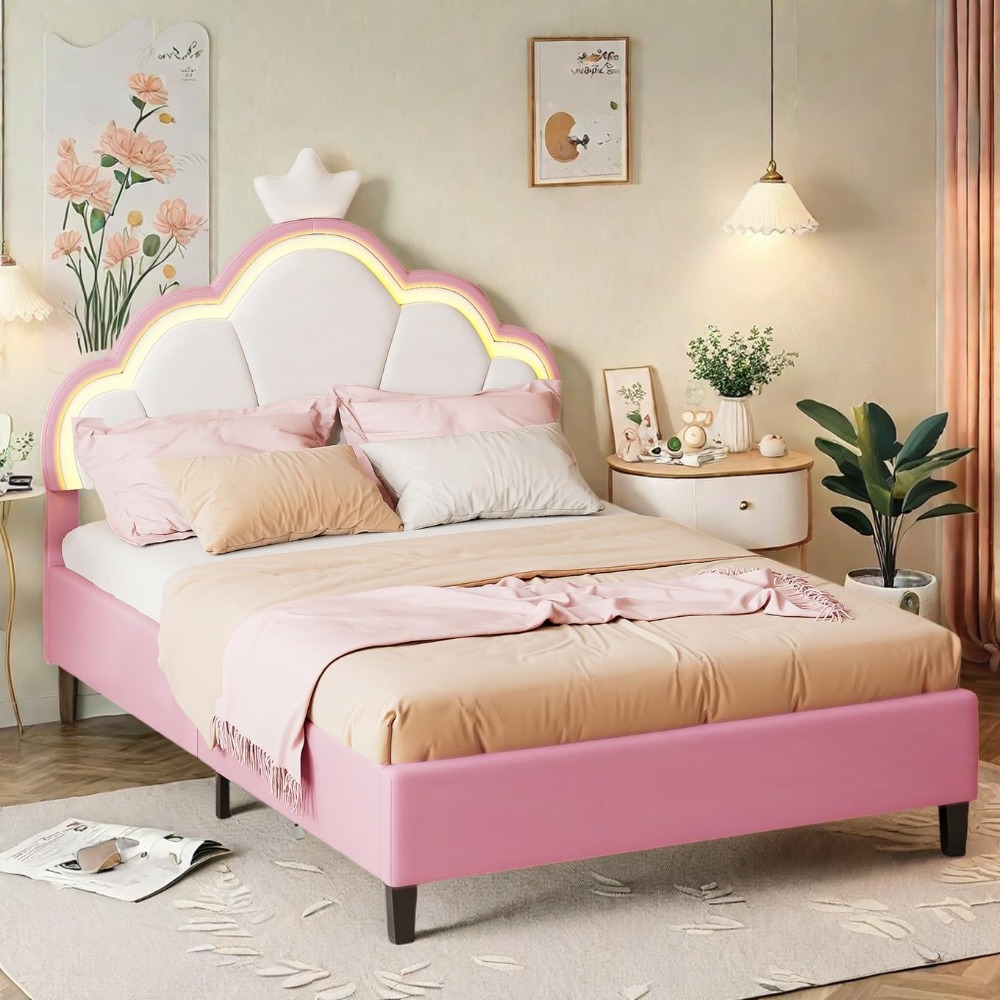 Cama individual para niños acolchada regulable en altura de princesa rosa 90x200 con cabecero de corona LED
