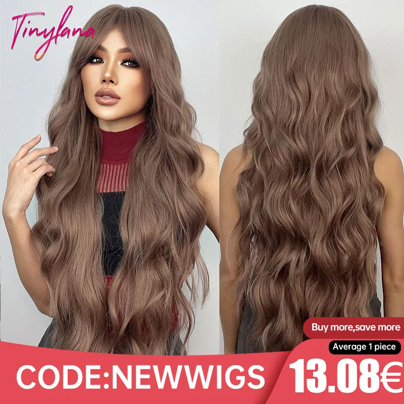 Pelucas de pelo sintético marrón Chocolate rizado súper largo con flequillo Cosplay para mujeres peluca Afro ondulada de agua Natural resistente al calor