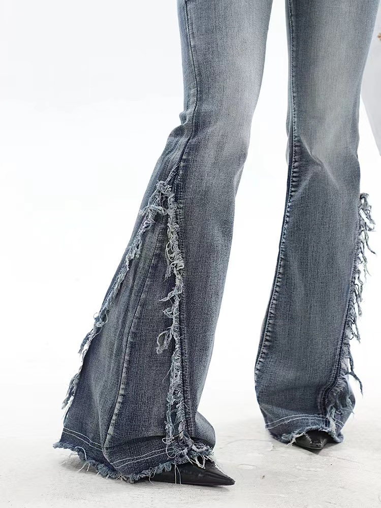 Amerikanische Retro Y2K Flare Jeans Zerkratzt Slim Bell Bottoms Frauen Mode Gyaru Denim Hose Raw Edge Hosen Hip Hop High Street