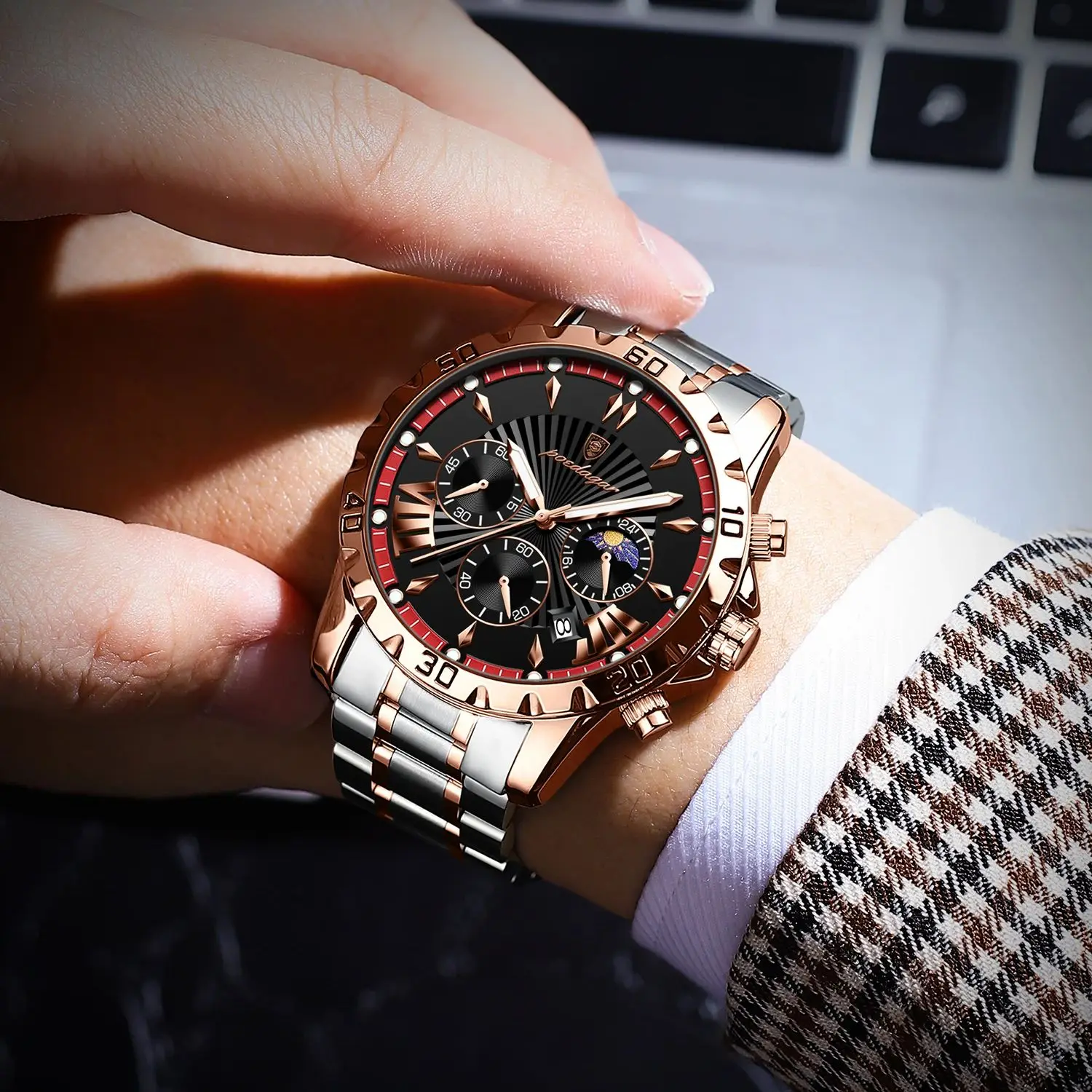 Reloj POEDAGAR de lujo de alta calidad para hombre, cronógrafo luminoso resistente al agua con fecha, reloj de cuarzo de acero inoxidable para hombre