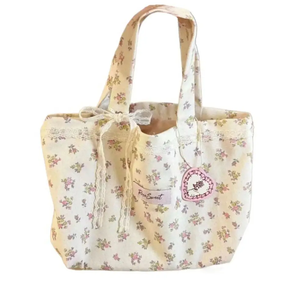 Bolso de mano estampado de gran capacidad, bolso de mano de lona con lazo de encaje, a la moda