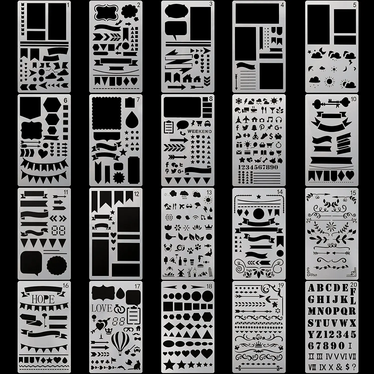 12 pezzi Bullet Journaling Stencil Set Modello Geometria Forma Planner Stencil Scrapbooking Stencil per pittura e decorazione