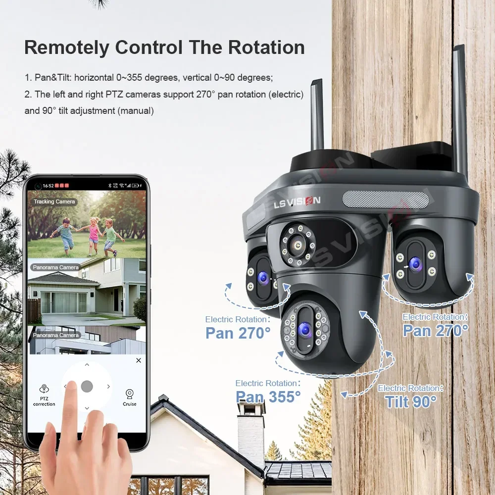 LS VISION 15MP Three Screens WiFi IP Camera Wireless Outdoor Three Lens PTZ 2-Way Audio Human Auto Tracking Surveillance Cameras