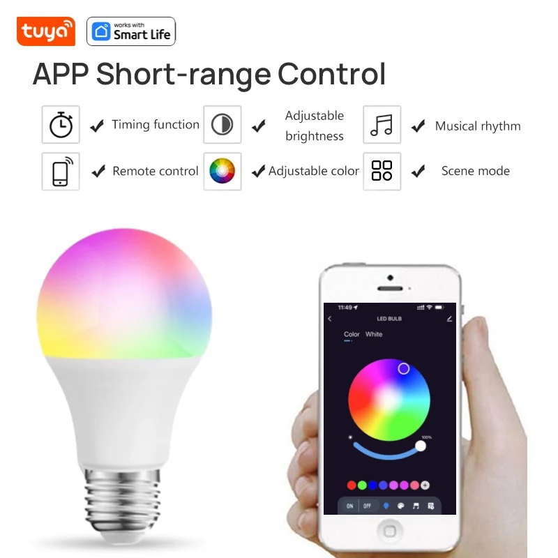 Tuya สมาร์ทหลอดไฟ LED E27 APP ควบคุมหรี่แสงได้บลูทูธ RGB 220V ตกแต่งห้องนอนแสง Smart Life