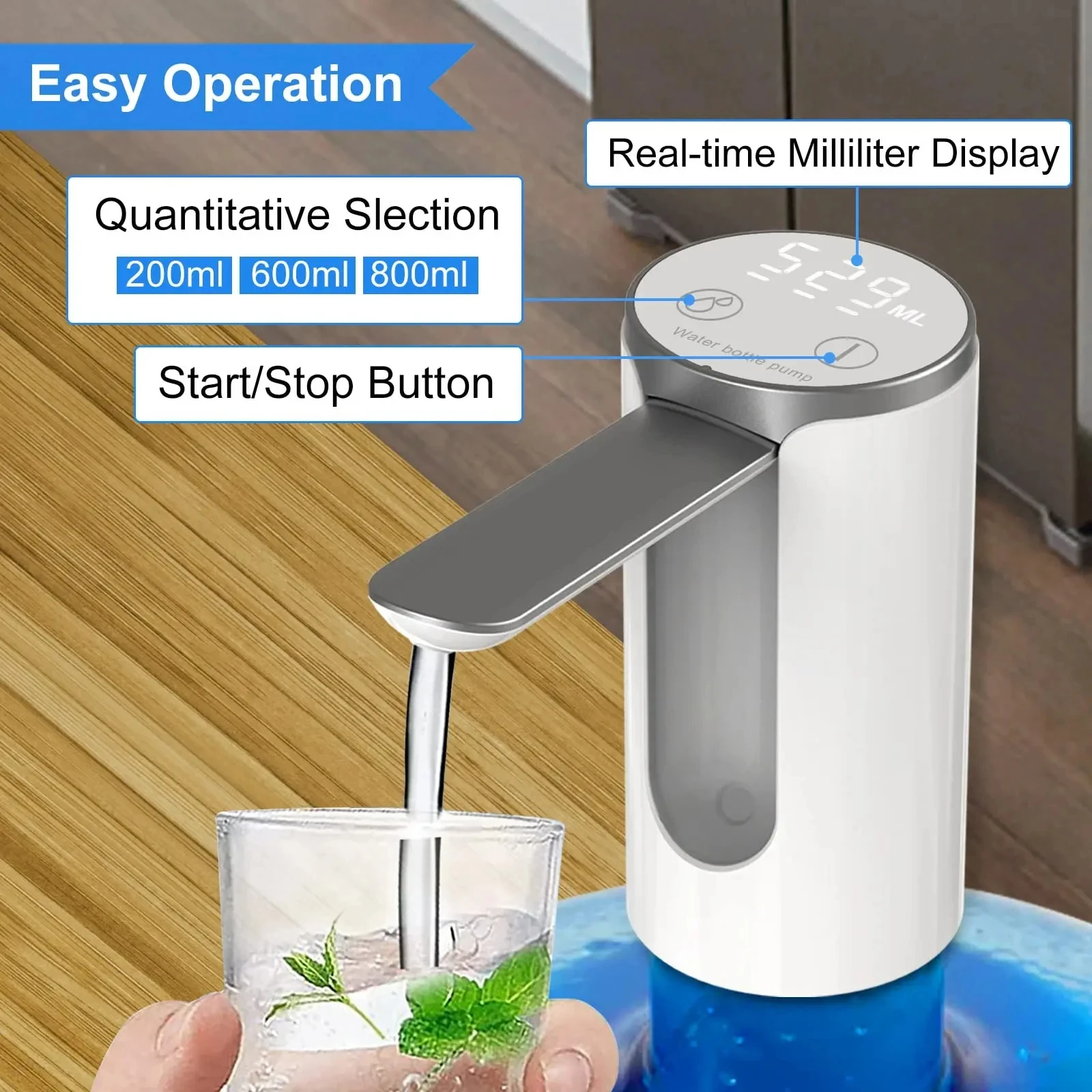 Wasserflaschenpumpe mit LED-Anzeige, faltbar, elektrisch, 1200 mAh, Typ C, wiederaufladbar, automatischer Anschlag, Touch-Taste, 3 quantitative Einstellungen