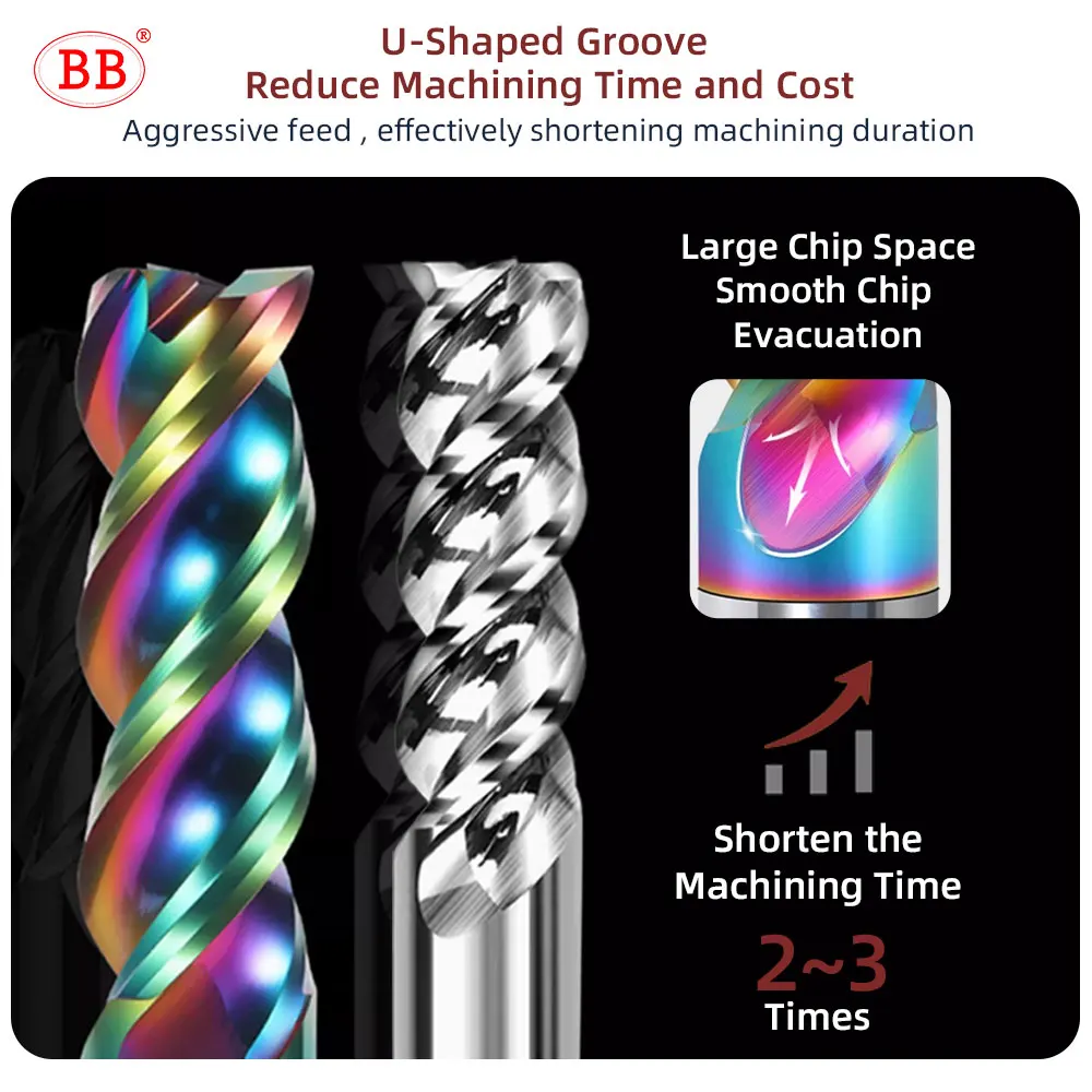 BB 3F End Mill 3 Flutes Aluminum Milling Cutter CNC High Performance Machining Tool Tungsten Carbide DLC Coated