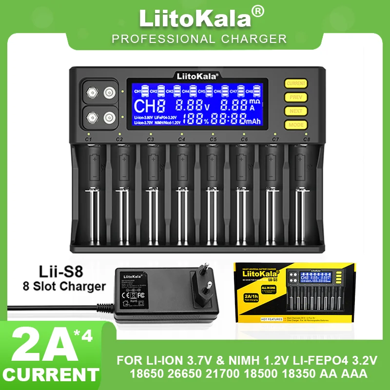 LiitoKala Lii-S12 Lii-S8 18650 21700 26650 Ładowarka 9 V LCD 1,2 V 3,8 V 3,2 V 3,7 V 26700 20700 18350 IMR NiMH/Cd AA AAA