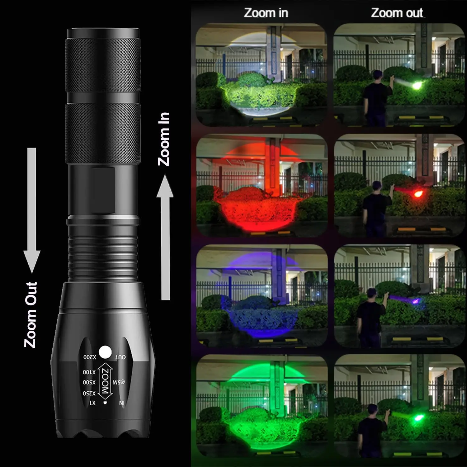 Multicolor 4 Colors in 1 LED White Red Blue Green Blue Light 4 Modes Zoomable Flashlight Red Torch Rechargeable Flashlights