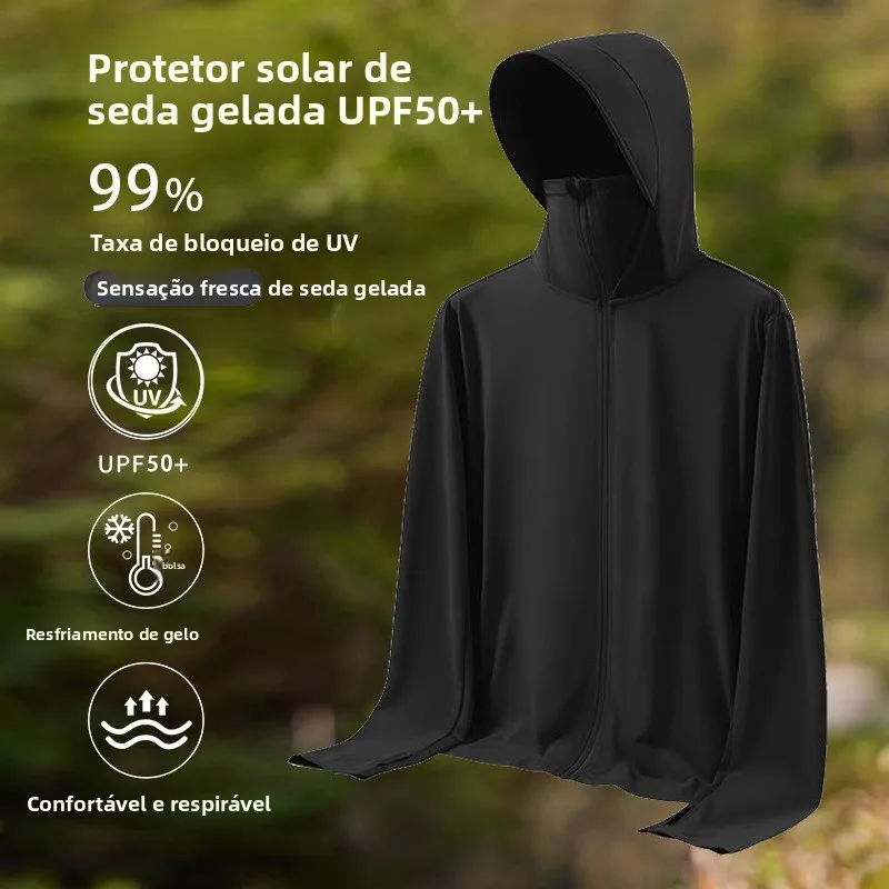 Roupa de Proteção Solar UPF50+ em Seda Gelada com Sensação Refrescante, Jaqueta Leve e Respirável para Pesca, Csa para Esp...