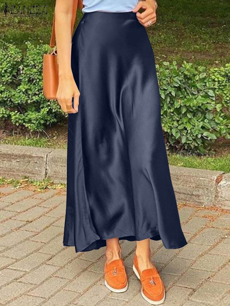 ZANZEA Mode Satin Seide Röcke Frauen Sommer Lange Hohe Taille Rock Casual Solide Party Faldas Saia Weibliche Vintage Arbeit OL Jupe