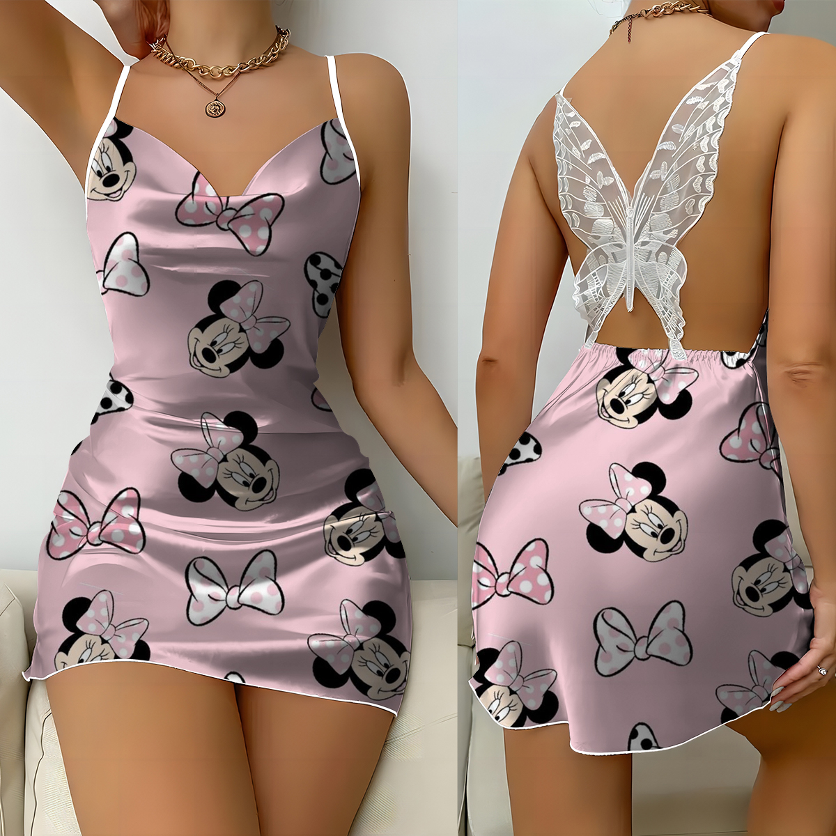 Mickey Mouse Minnie Print Satijnen Jarretel Nachthemd V-hals Backless Mini Nachthemd Damespyjamajurk