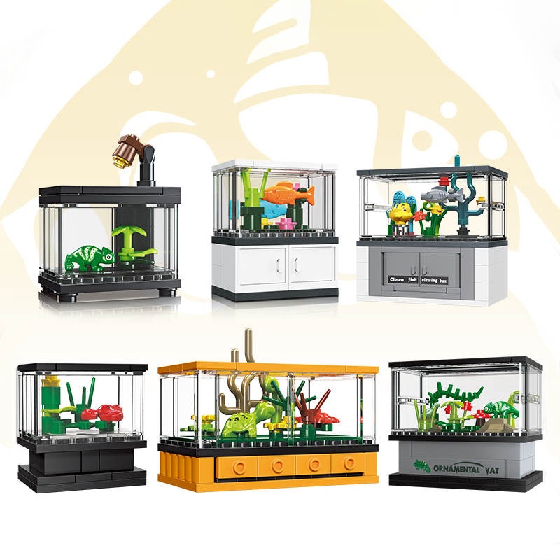 Conjunto de blocos de construção de tanque de peixes, criativo, diy, blocos de construção educacionais, brinquedo, móveis para casa, cidade, tijolos de construção, brinquedos para crianças