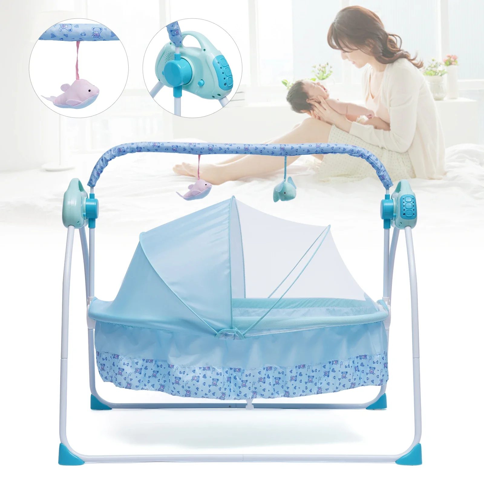 Berço elétrico para bebês, berço com balanço automático para recém-nascidos, cama infantil com bluetooth azul com cadeira + música + tapete + rede