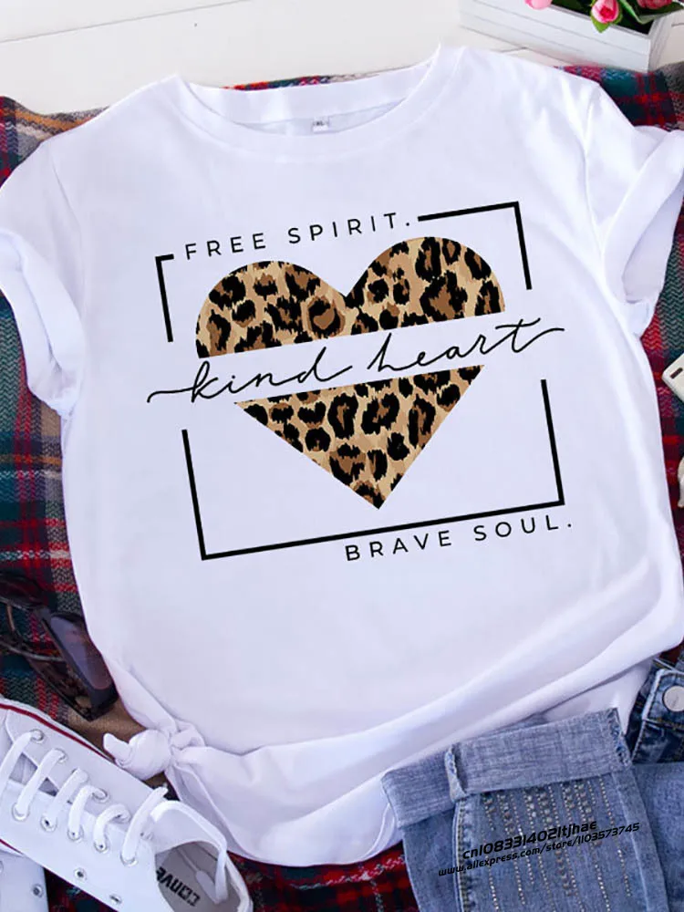 女性用半袖プリントTシャツ,ヒョウ柄の服,バレンタインデー,ハートフリースピリット,ブレイブソウル