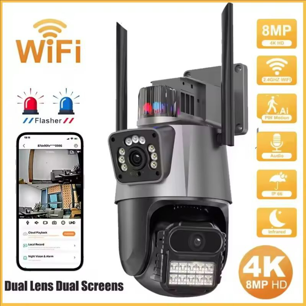 WiFi PTZ Security Camera 8MP with Dual Screen Color Night Vision Outdoor Surveillance CCTV Camera Compatible with ICSEE App